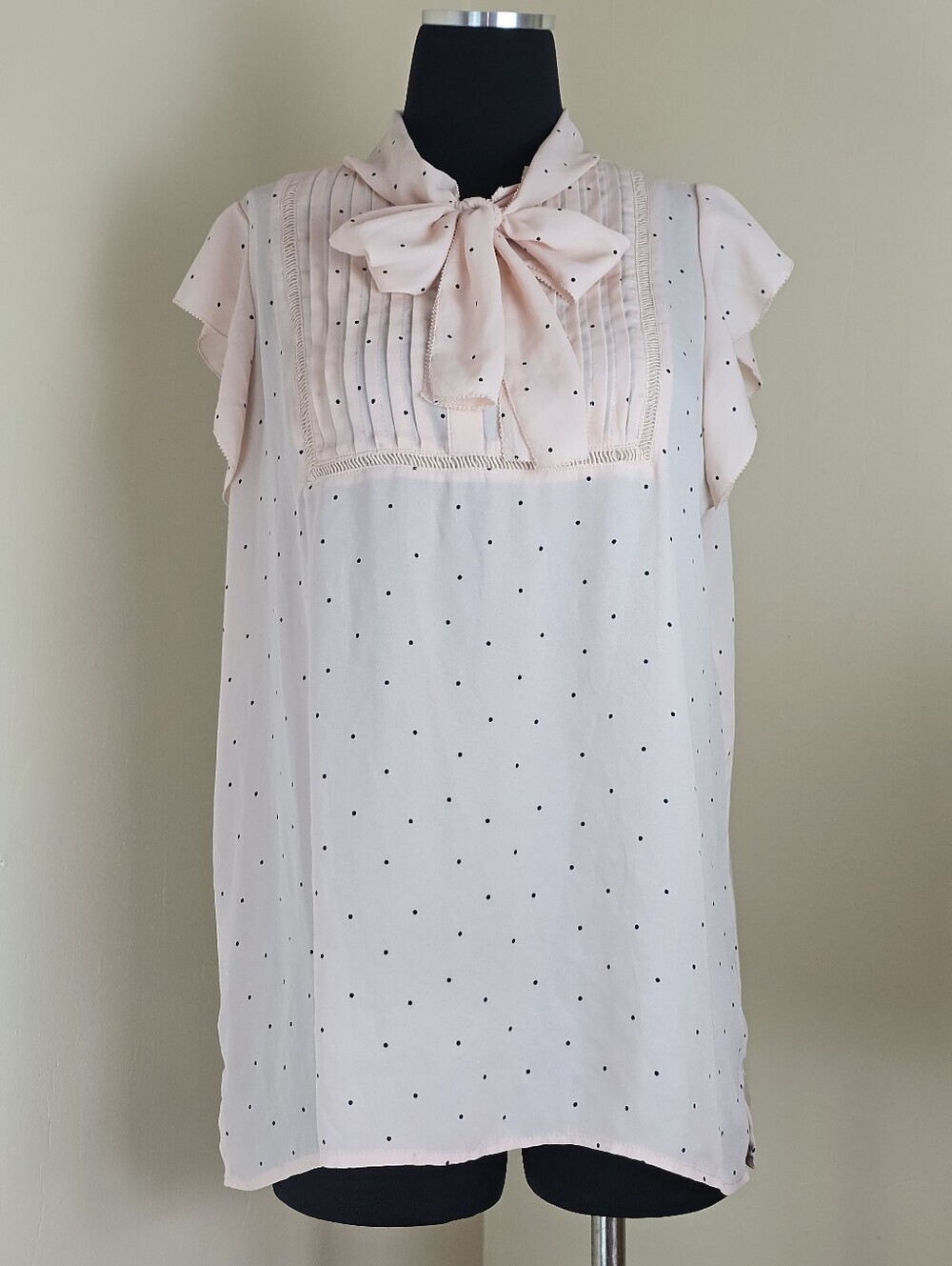LOFT Pink Polka Dot Tie Neck Woven Cottagecore Blouse L